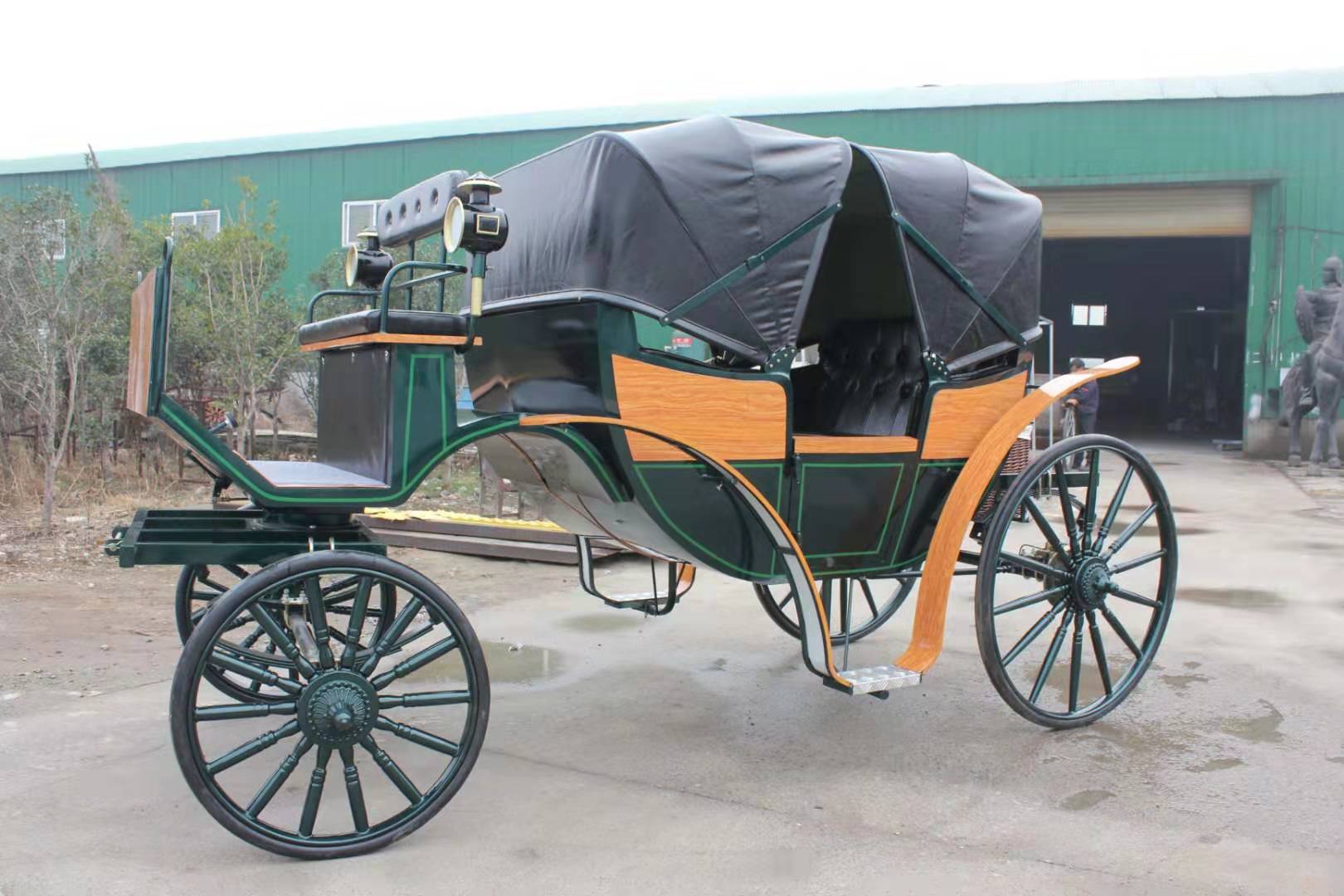 Traditional horse carriage with open roof, inspired by the iconic American chuck wago